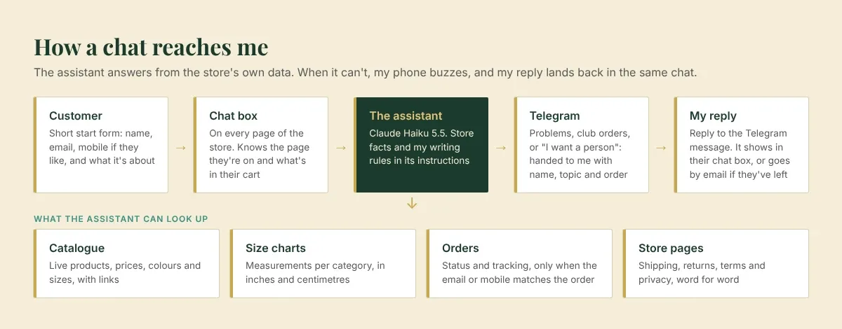 Diagram of the store chat. A customer fills a short start form, the chat box passes their question to the assistant, and the assistant either answers using the catalogue, size charts, orders and store pages, or hands the chat to me on Telegram. My reply goes back into their chat box, or by email if they have left.